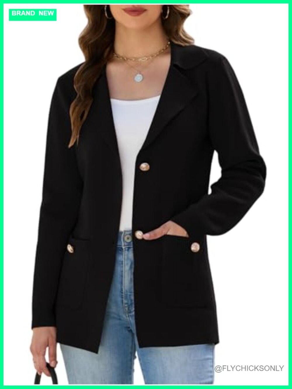 Sweater Blazer Business Casual Knit Jacket Open Front Notch Lapel Pockets A-Line